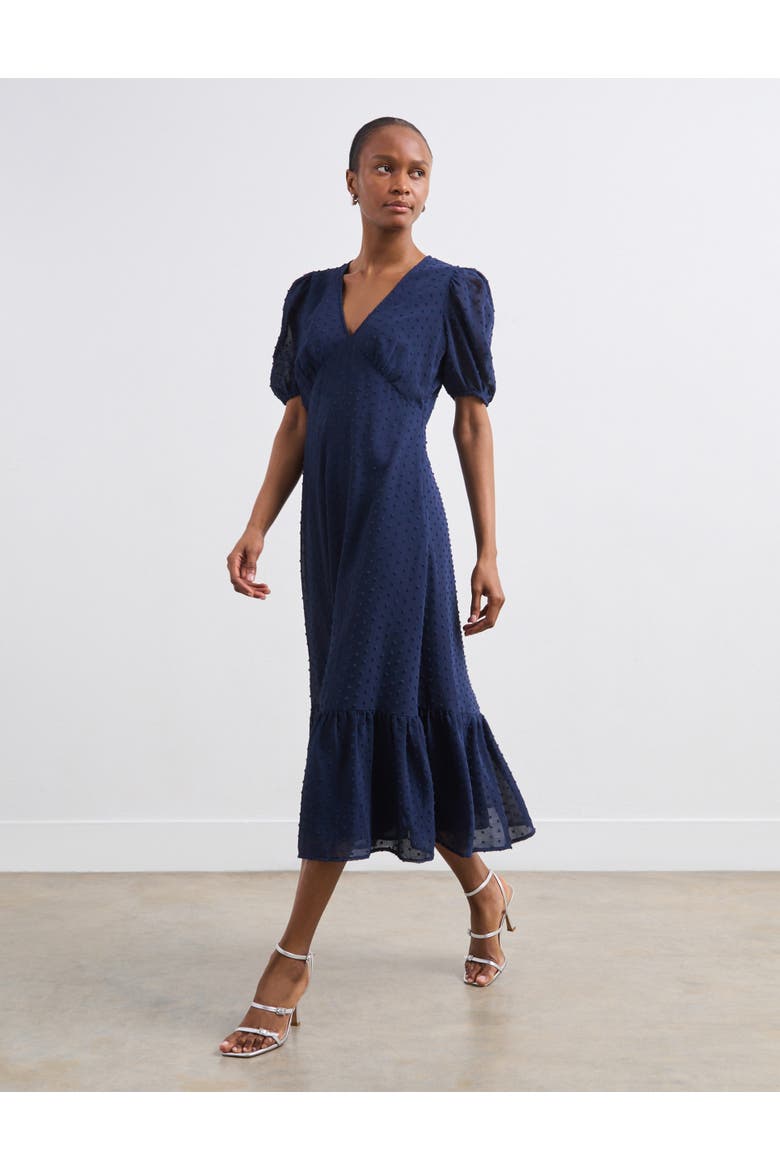 Loretta V-Neck Georgette Midi Dress, Alternate, color, Navy