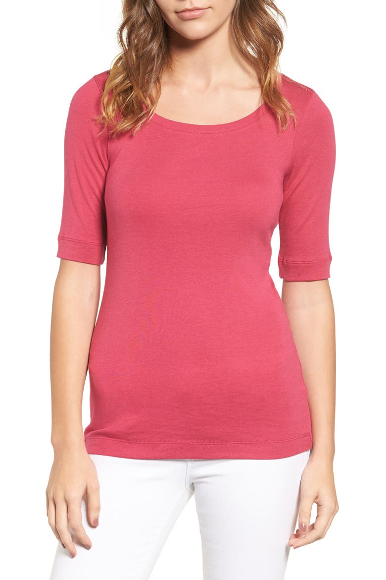 Ballet Neck Cotton & Modal Knit Elbow Sleeve Tee, Main, color, PINK VIVACIOUS