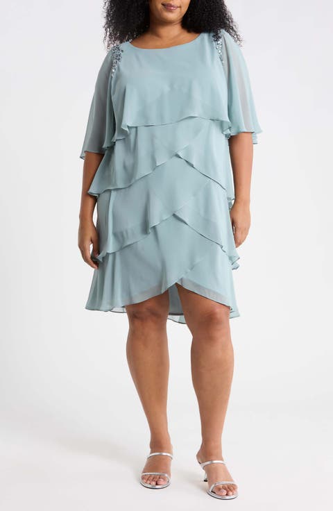 Cape Overlay Beaded Cocktail Dress