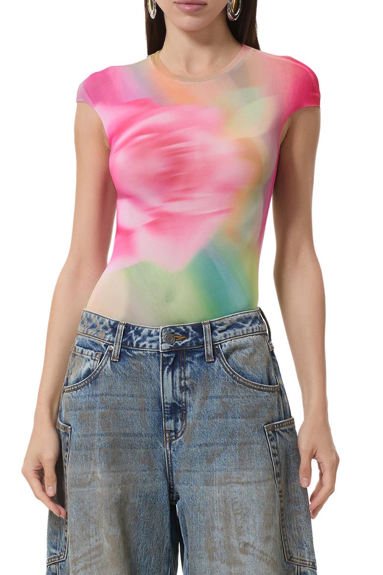 Nina Print Cap Sleeve Mesh Top, Main, color, GREEN ROSE
