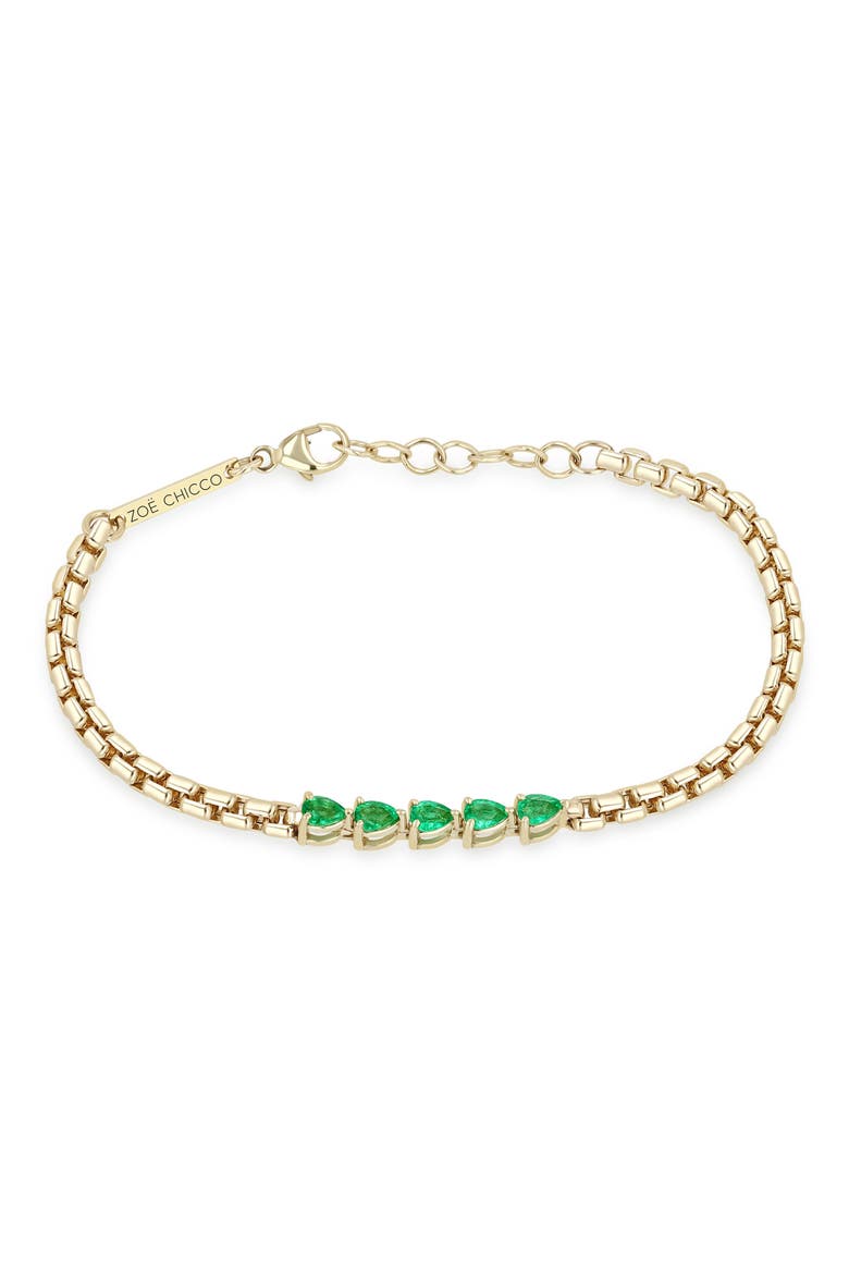 Emerald Pear Box Chain Bracelet, Main, color, 14K YELLOW GOLD
