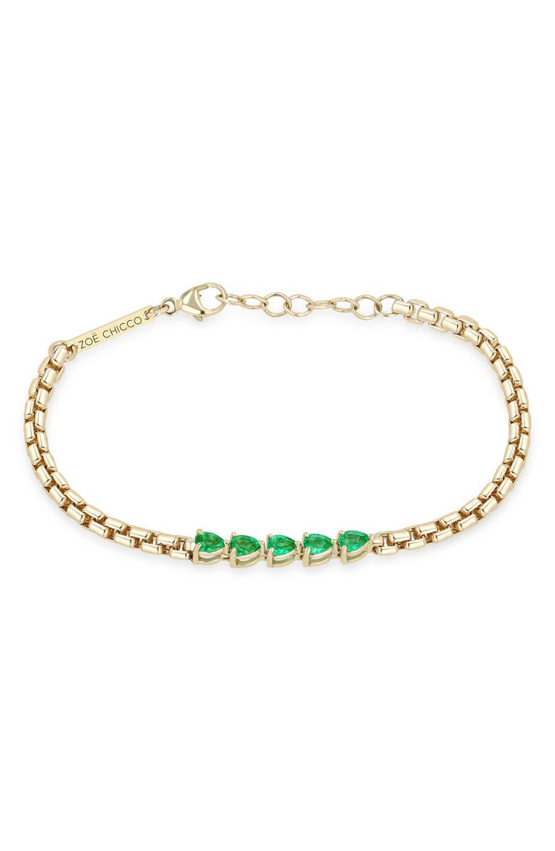 Zoë Chicco Emerald Pear Box Chain Bracelet, Main, color, 14K Yellow Gold