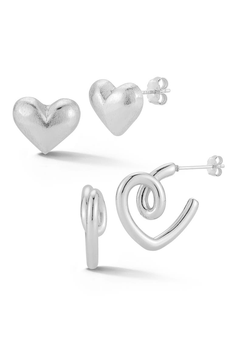 Set of 2 Heart Stud & Huggie Hoop Earrings, Main, color, SILVER