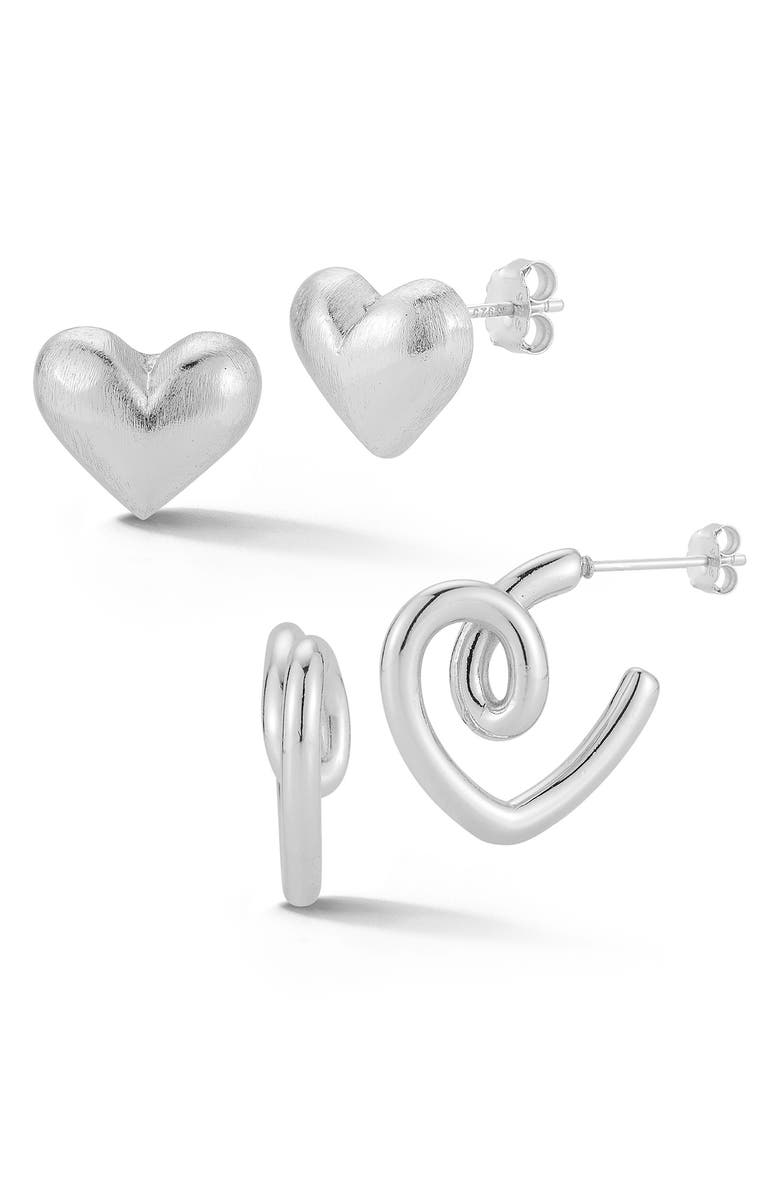 GLAZE JEWELRY Set of 2 Heart Stud & Huggie Hoop Earrings, Main, color, Silver