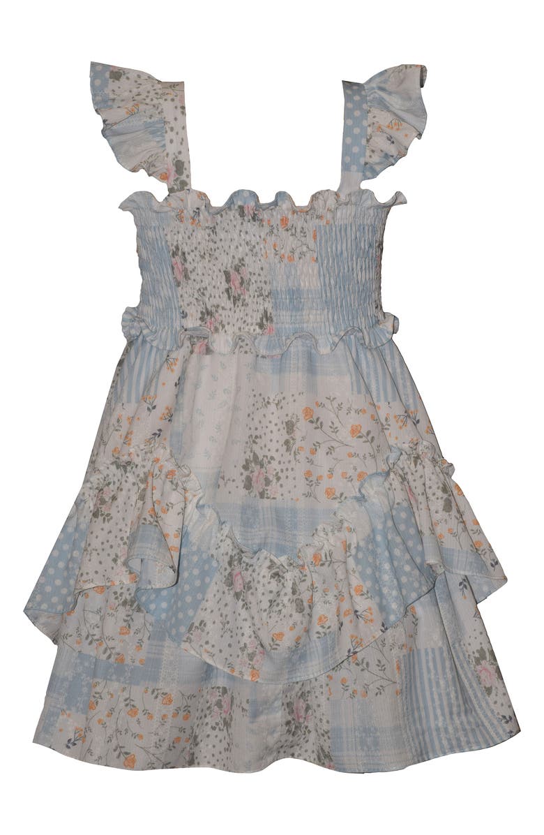 Iris & Ivy Kids' Flutter Sleeve Patchwork Print Smocked Bodice Party Dress, Alternate, color, Blue Ivory