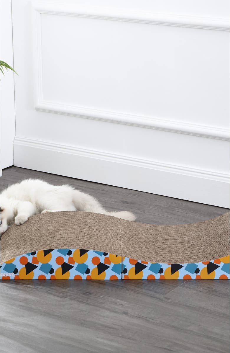 The Licker Store Eero Modern Cardboard Foldable Lounge Cat Scratcher with Catnip, Alternate, color, Blue/Orange