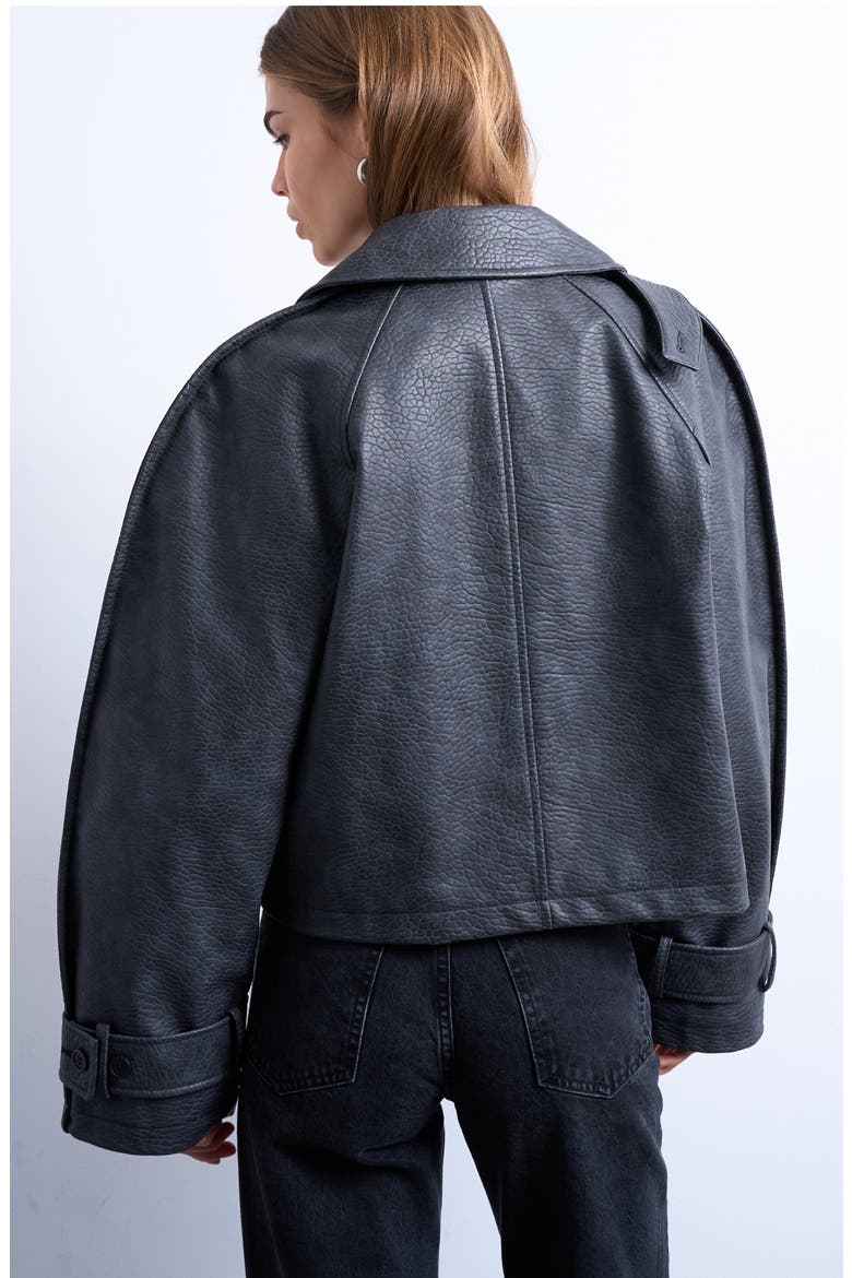Ovoid Sleeve Short Faux Leather Trench Coat, Alternate, color, BLACK