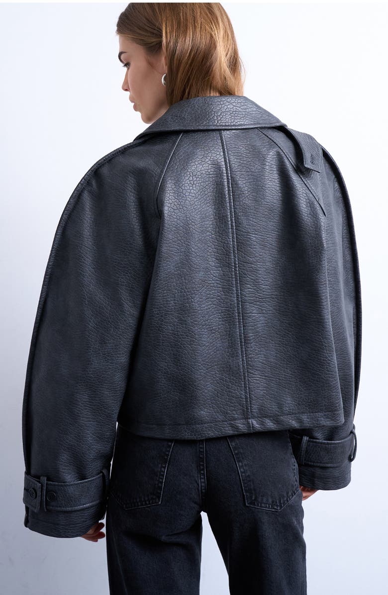 Topshop Ovoid Sleeve Short Faux Leather Trench Coat, Alternate, color, Black