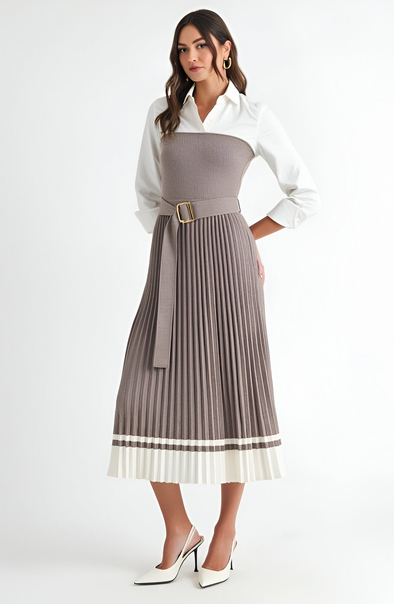 Modenaire Pleated Belted Shirt Collar Contrast Hem Midi Dress, Alternate, color, 
