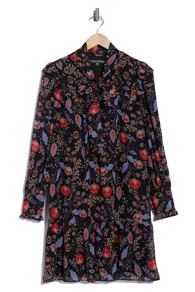 Tie Neck Long Sleeve Dress, Alternate, color, BLACK MULTI