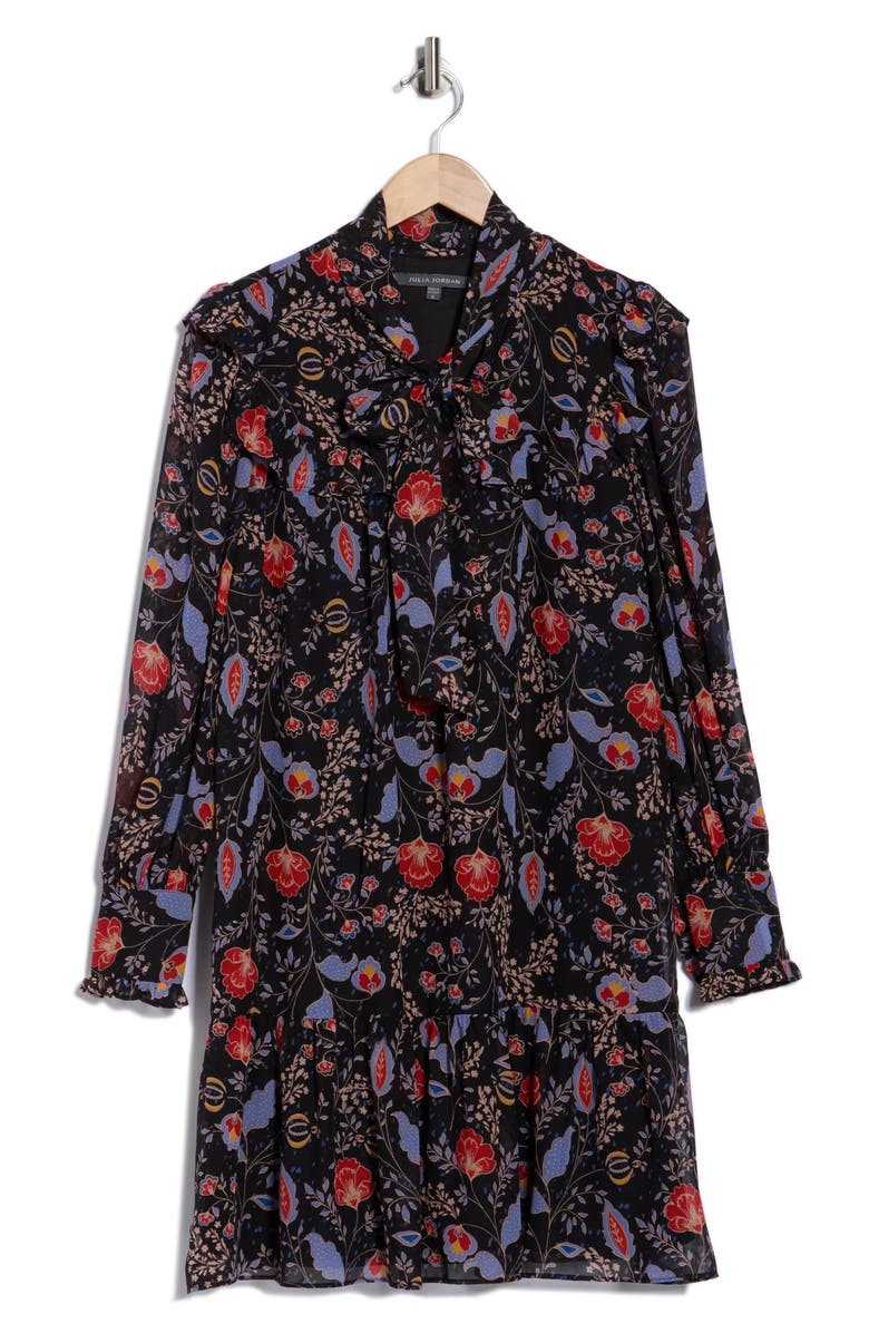 Julia Jordan Tie Neck Long Sleeve Dress, Alternate, color, Black Multi