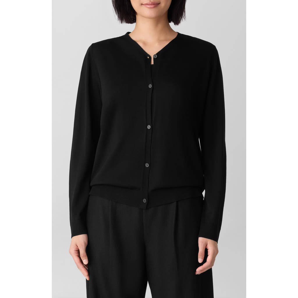 Eileen Fisher V-neck Wool Cardigan In Black