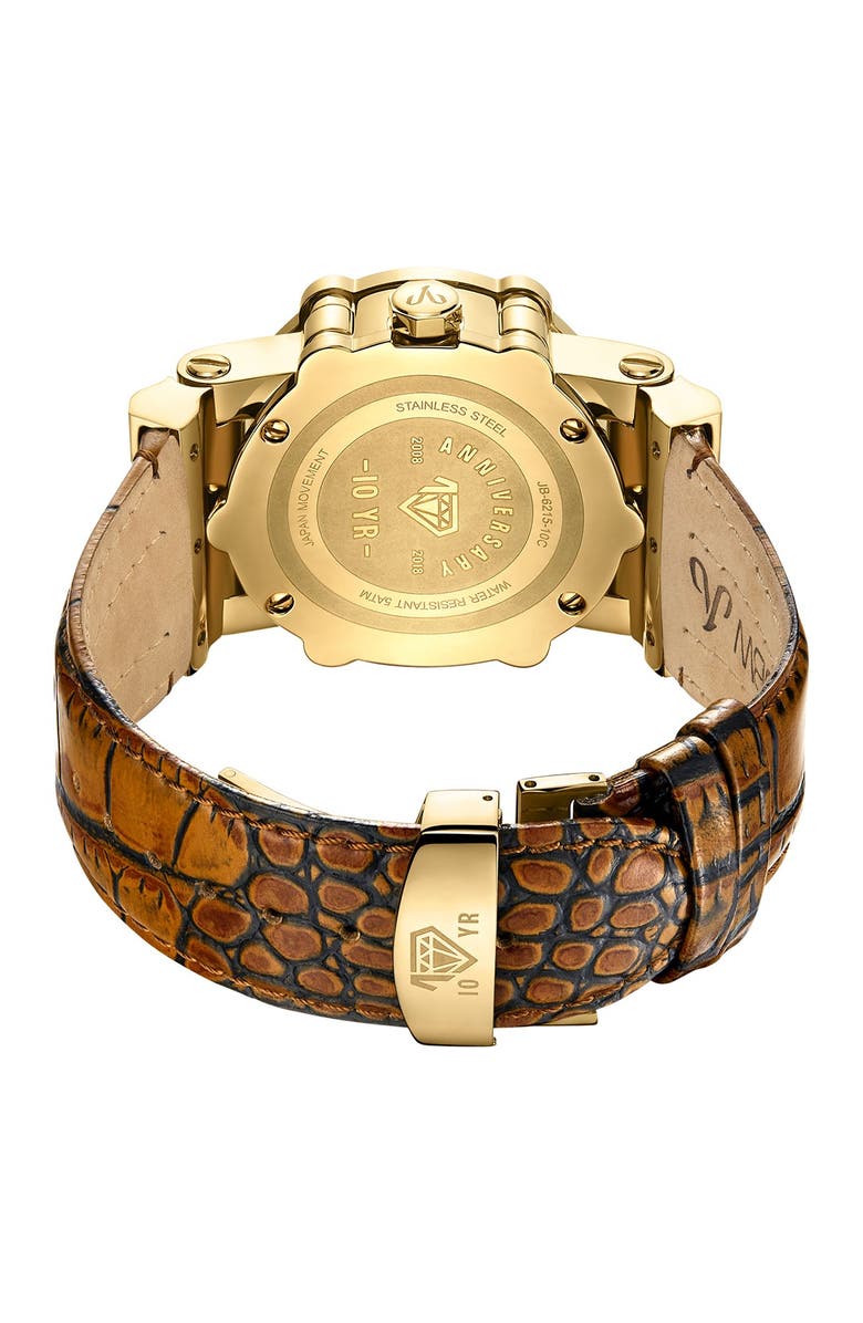 JBW Phantom 10 Year Chronograph Diamond Croc Embossed Leather Strap Watch, 42mm - 1.96 ctw, Alternate, color, 