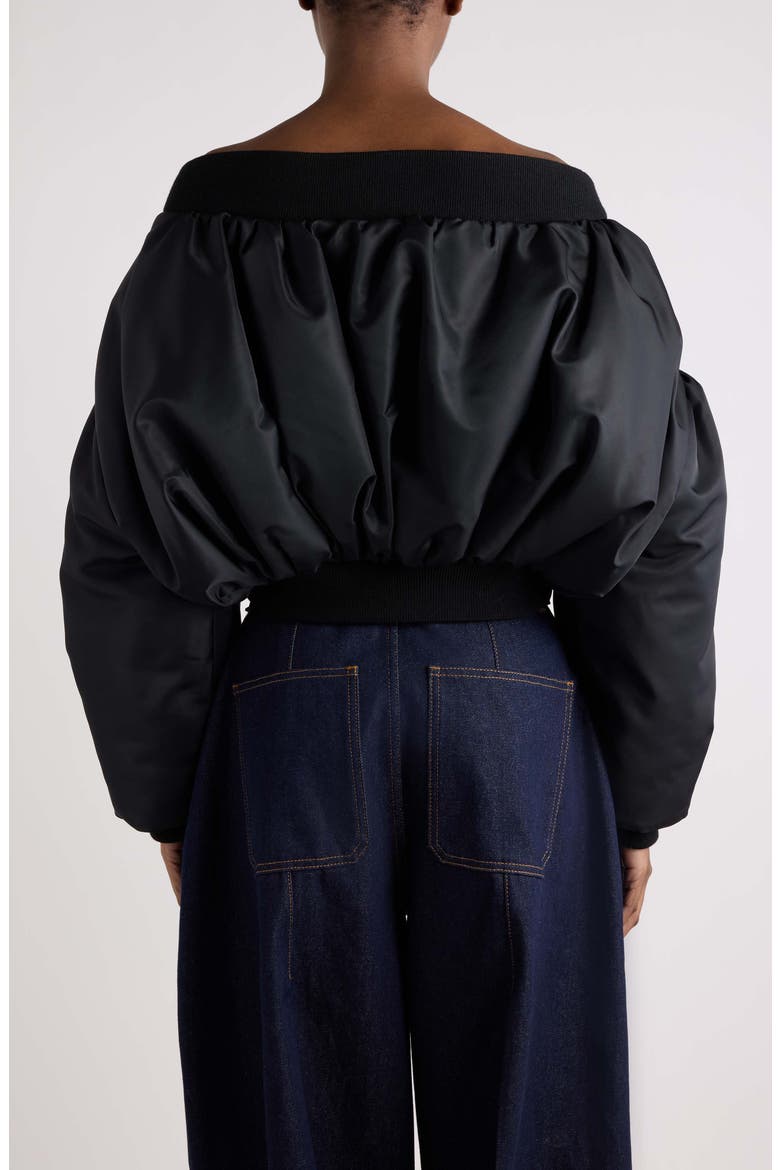 Off the Shoulder Bomber Jacket, Alternate, color, BLACK