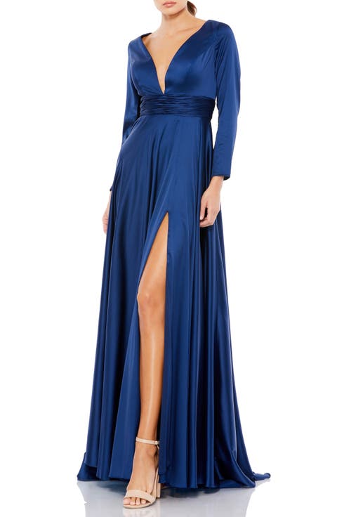 Long Sleeve Ruched Waist A-Line Gown