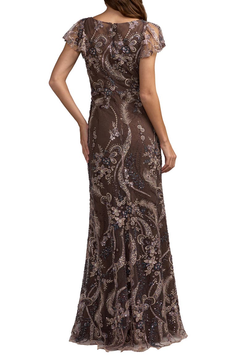 V-Neck Flutter Sleeve Embroidered Lace Evening Gown, Alternate, color, Chocolate