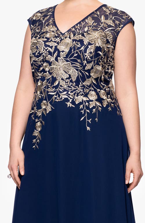 Betsy & Adam Plus Size Metallic-embroidered A-line Gown In Blue