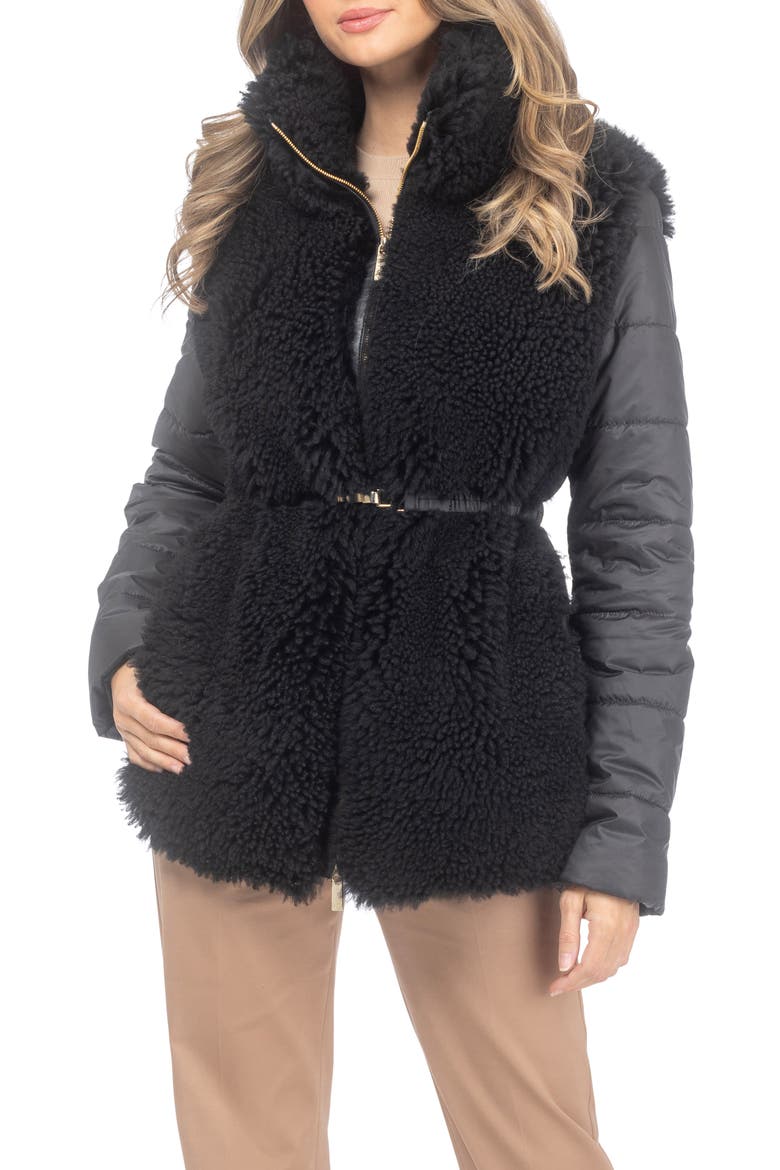 Genuine Shearling Jacket with Quilted Sleeves and Back, Belt, Alternate, color, Black