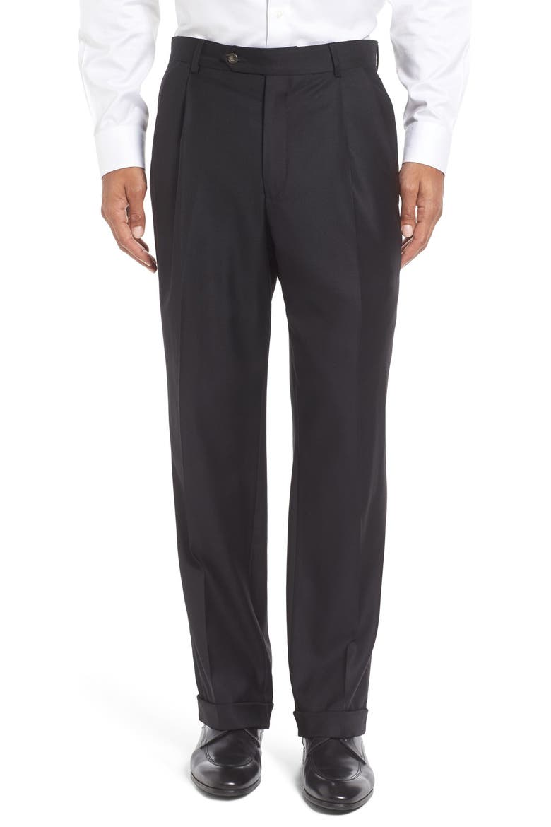 Super 130s Gabardine Pleated Trousers, Main, color, BLACK