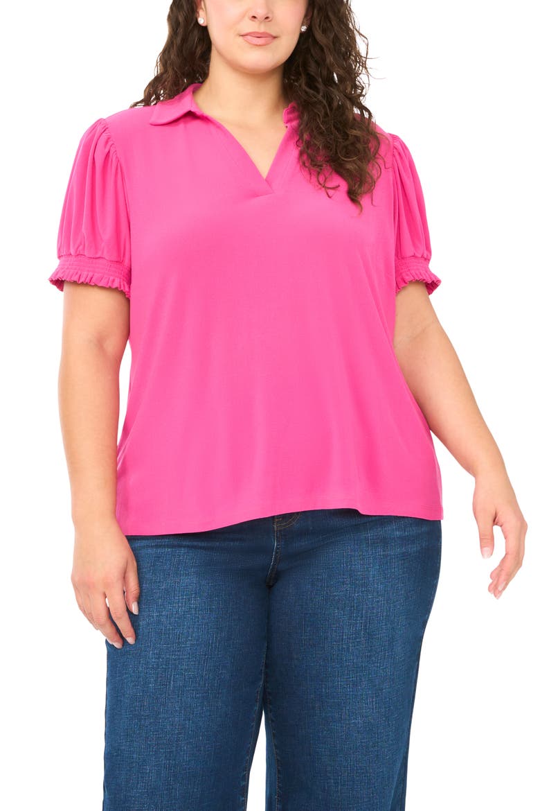 Puff Sleeve Spread Collar Crepe Knit Top, Main, color, MAGENTA