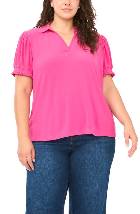 Puff Sleeve Spread Collar Crepe Knit Top (Plus)