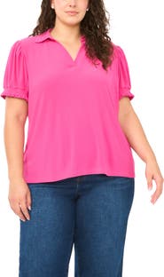 CeCe Puff Sleeve Spread Collar Crepe Knit Top