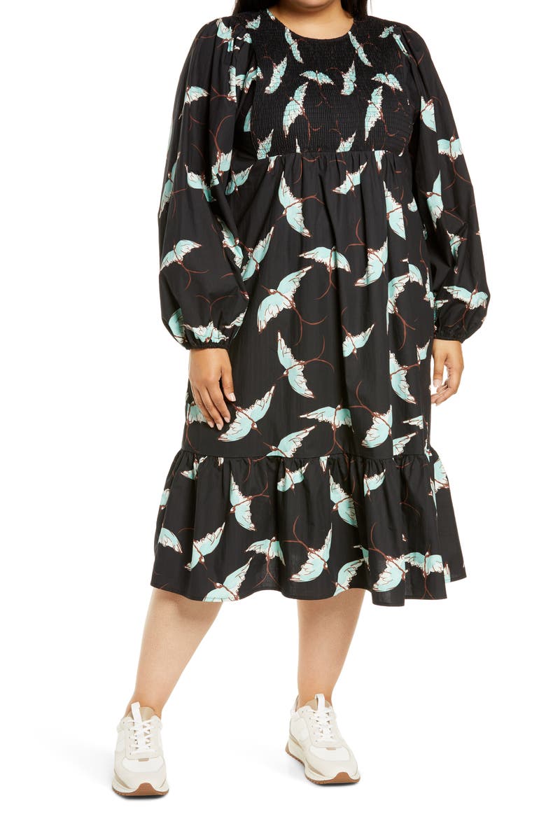Black Swallows Smocked Long Sleeve Midi Dress, Main, color, BLACK