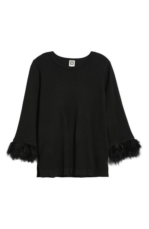 Anne Klein Feather Cuff Long Sleeve Knit Top In Black
