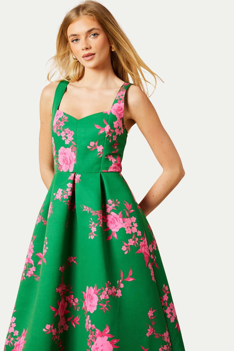 Occasion Floral Strappy Twill Midi Dress, Alternate, color, Green