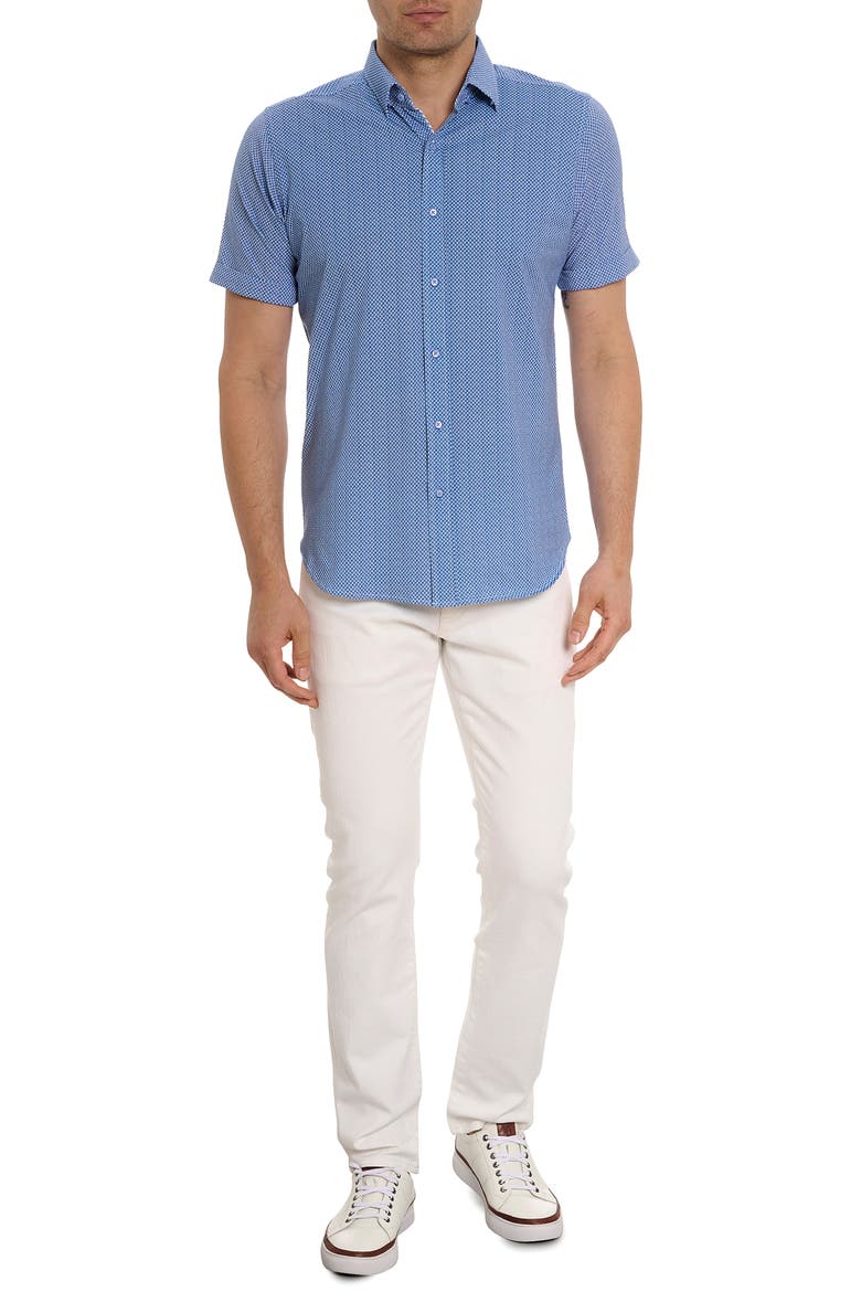 Shuler Deco Print Short Sleeve Stretch Cotton Button-Up Shirt, Alternate, color, BLUE