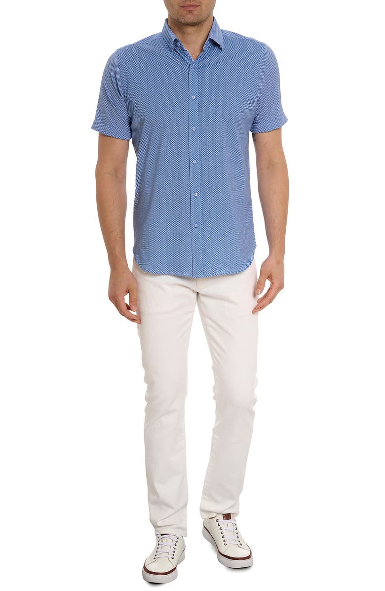 Robert Graham Shuler Deco Print Short Sleeve Stretch Cotton Button-Up Shirt, Alternate, color,