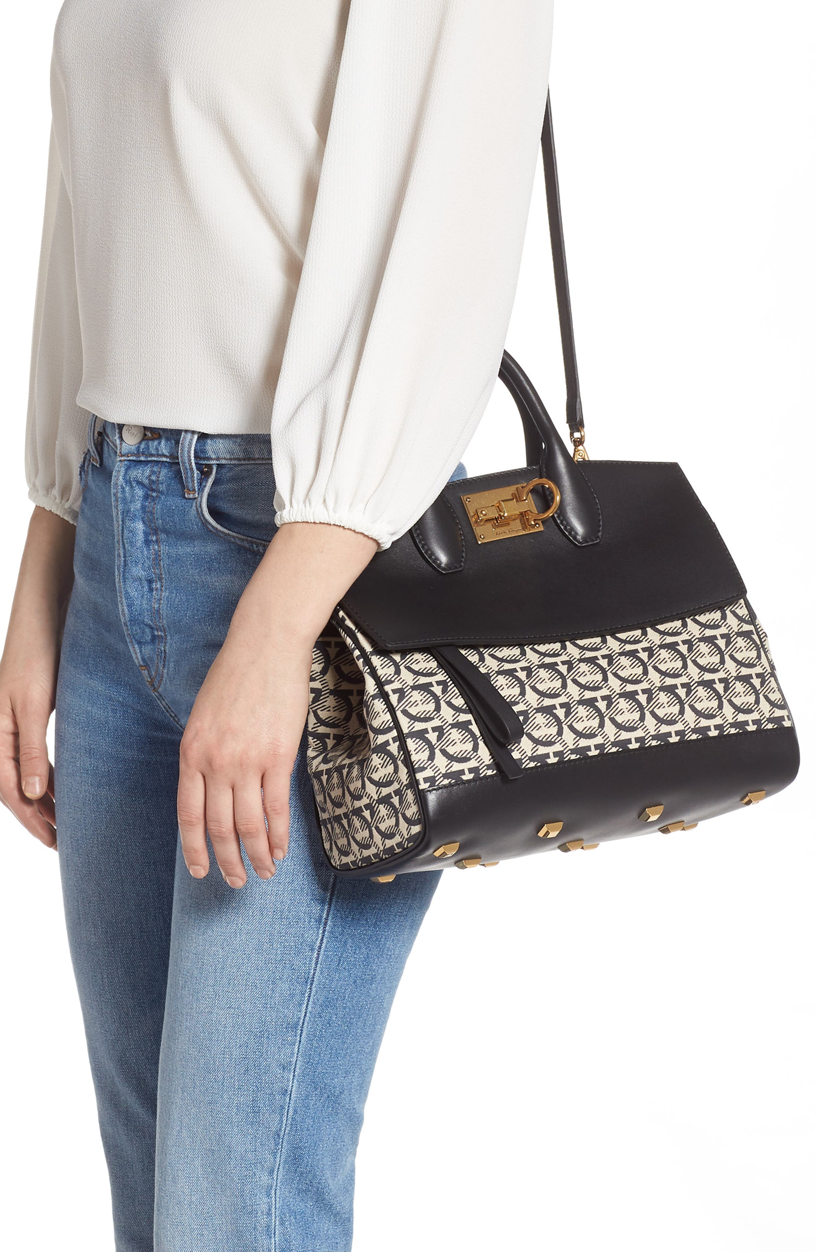 FERRAGAMO Salvatore Ferragamo Small The Studio Jacquard Canvas & Leather Top Handle Bag, Alternate, color, 