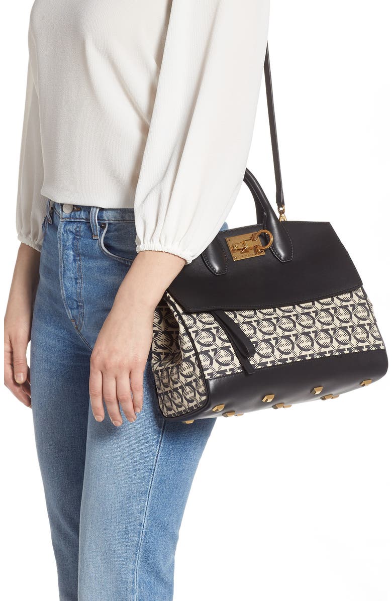 FERRAGAMO Salvatore Ferragamo Small The Studio Jacquard Canvas & Leather Top Handle Bag, Alternate, color,