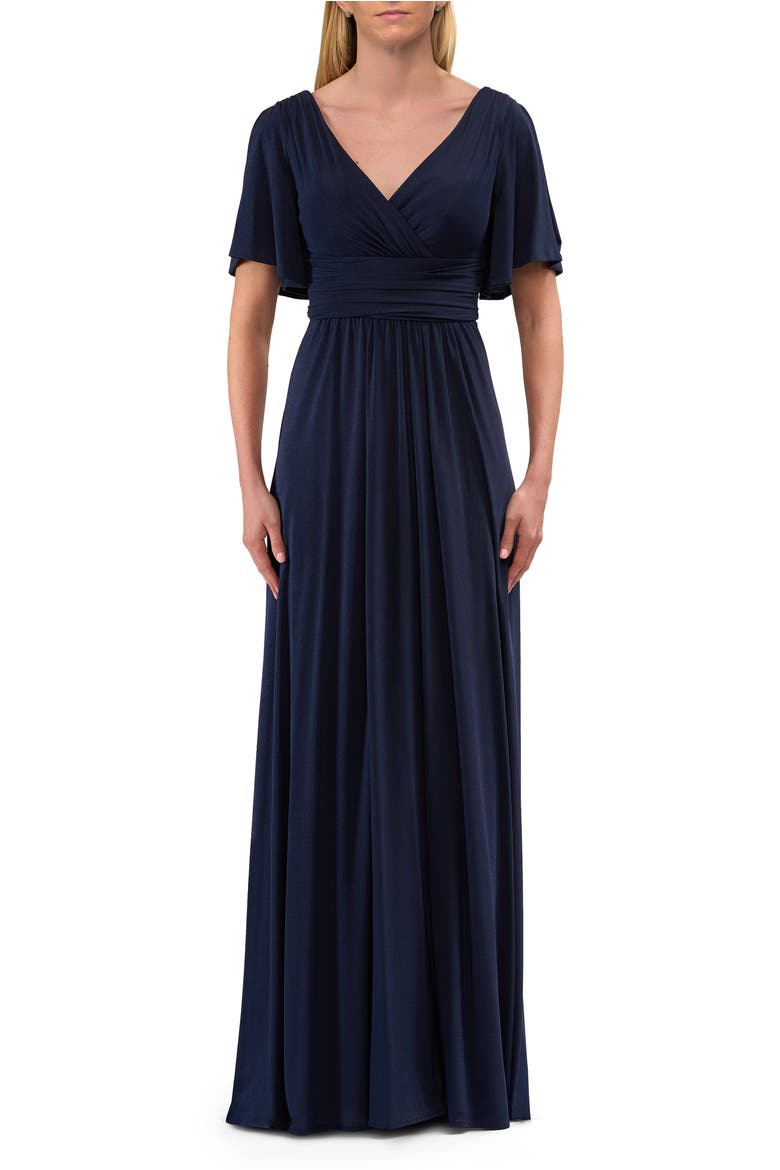 Flattering Net Jersey Long Dress with Ruffle Sleeve, Alternate, color, Navy