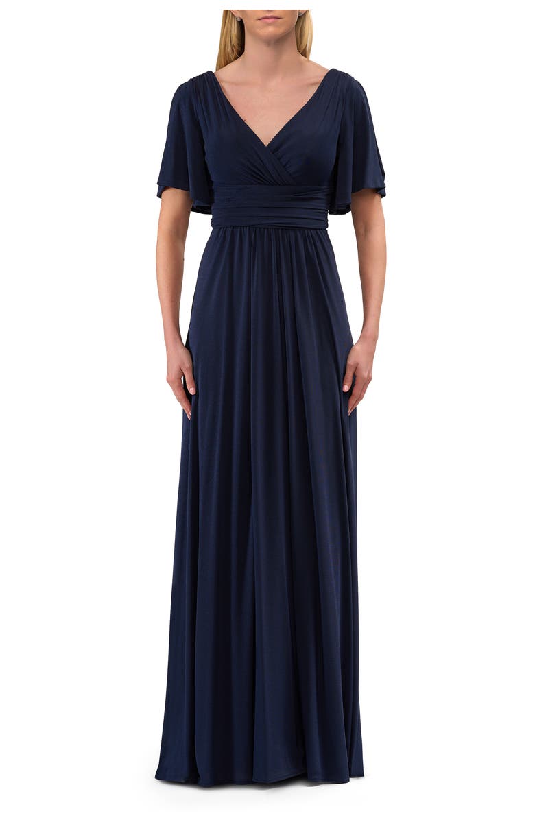 La Femme Flattering Net Jersey Long Dress with Ruffle Sleeve, Alternate, color, Navy
