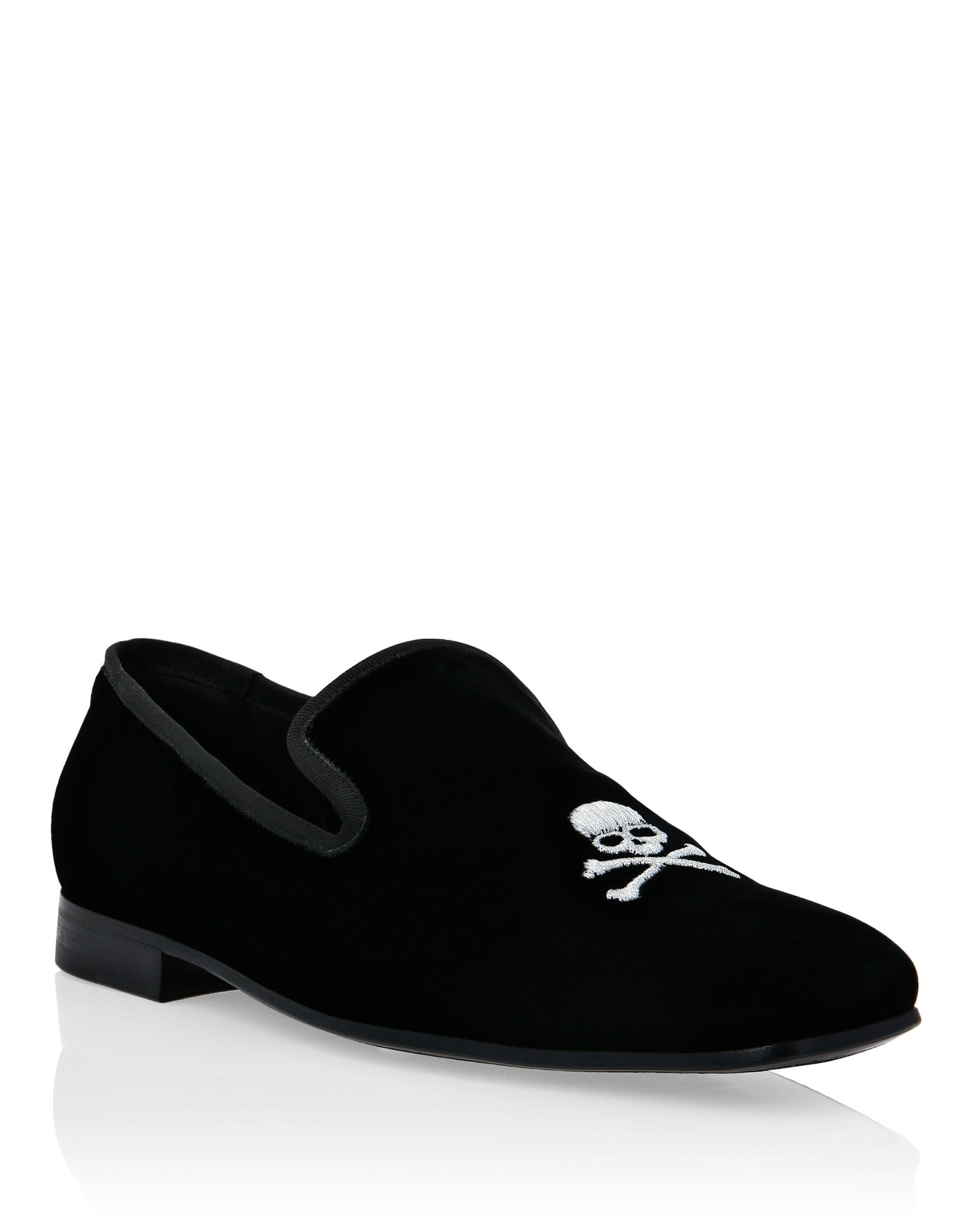Velvet Loafers Embroidery Skull Men, Main, color, black