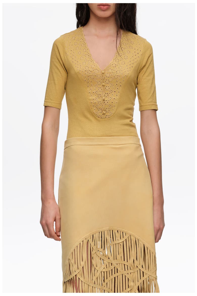Embroidered V-Neck Bodysuit, Main, color, MUSTARD