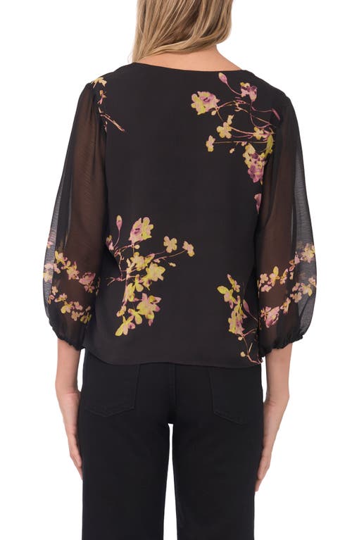 Vince Camuto Placed Floral Ruffle Detail Top In Black