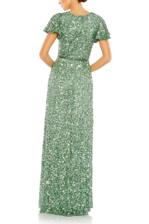 MAC DUGGAL MAC DUGGAL SEQUINED WRAP OVER BUTTERFLY SLEEVE DRAPED GOWN