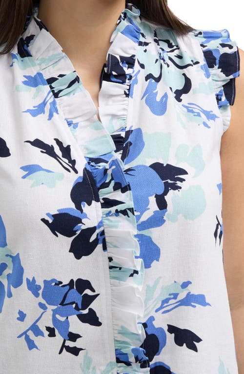 Ellen Tracy Ruffle Linen Blend Shirt In Azure Bouquet