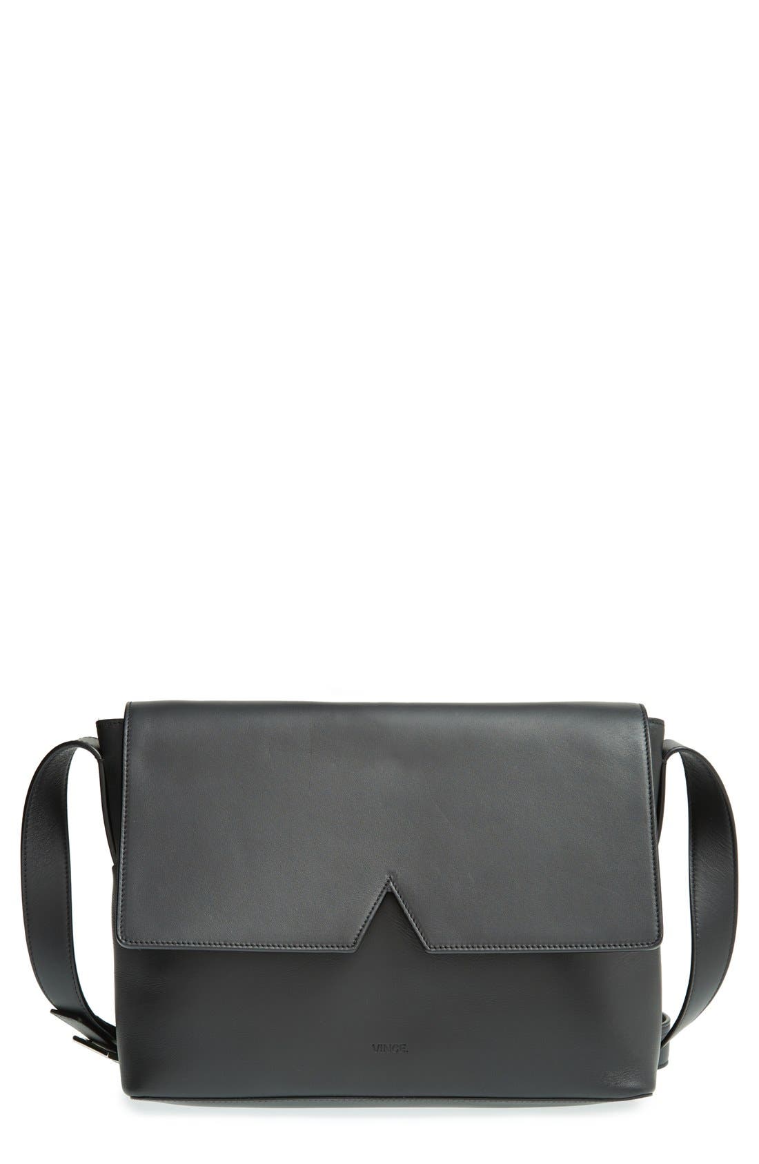 'Signature Collection - Medium' Leather Messenger Bag, Main, color, BLACK
