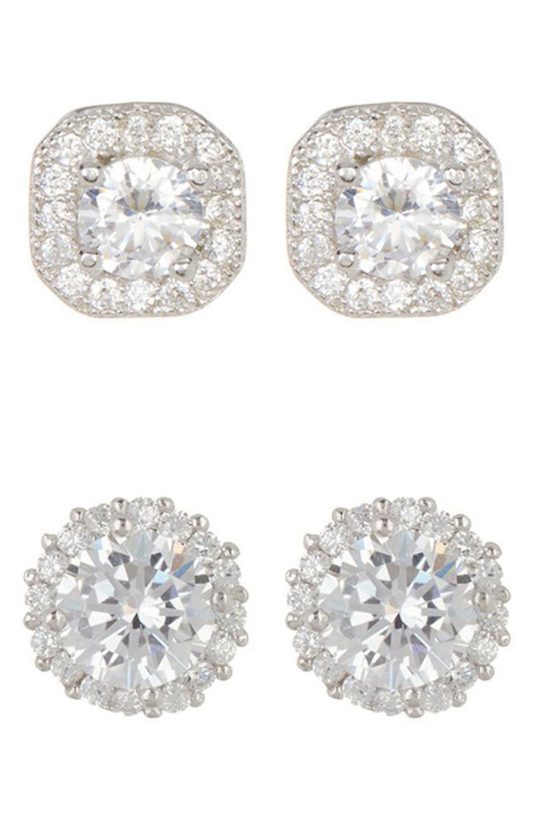 Adornia Set of 2 Assorted Crystal Halo Stud Earrings, Main, color, Silver