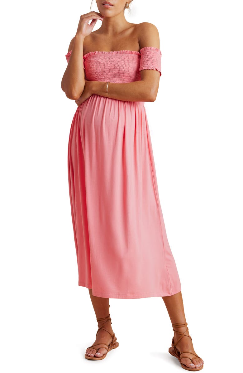 A PEA IN THE POD Off the Shoulder Maternity Midi Dress, Main, color, Strawberry Pink