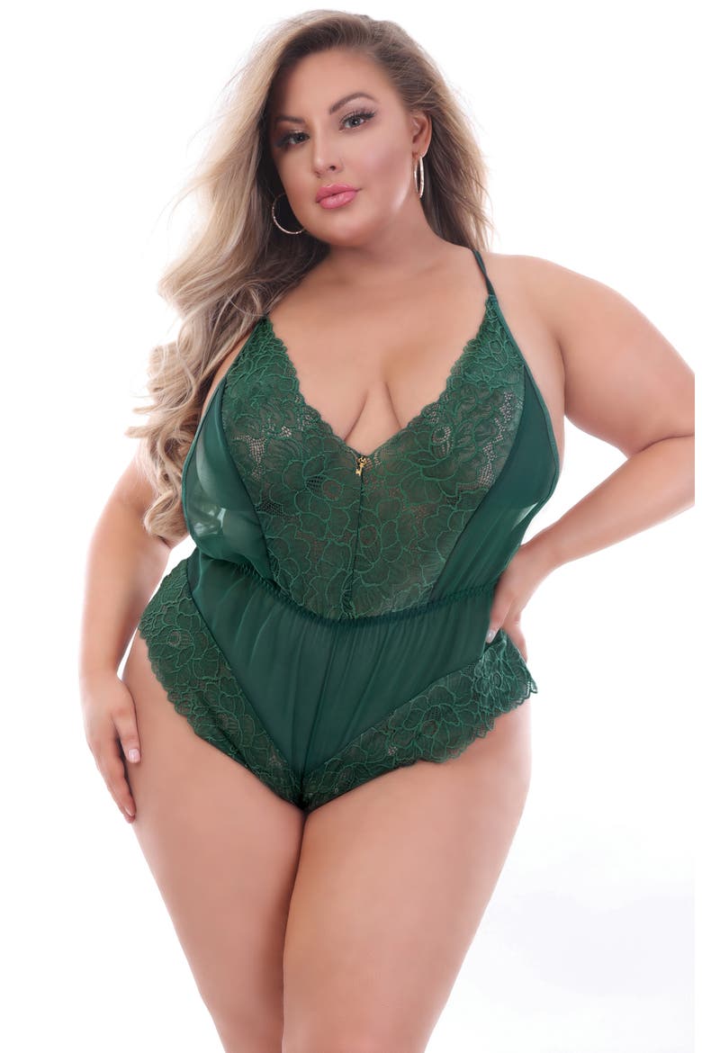 Lace & Chiffon Teddy Romper, Alternate, color, GREEN