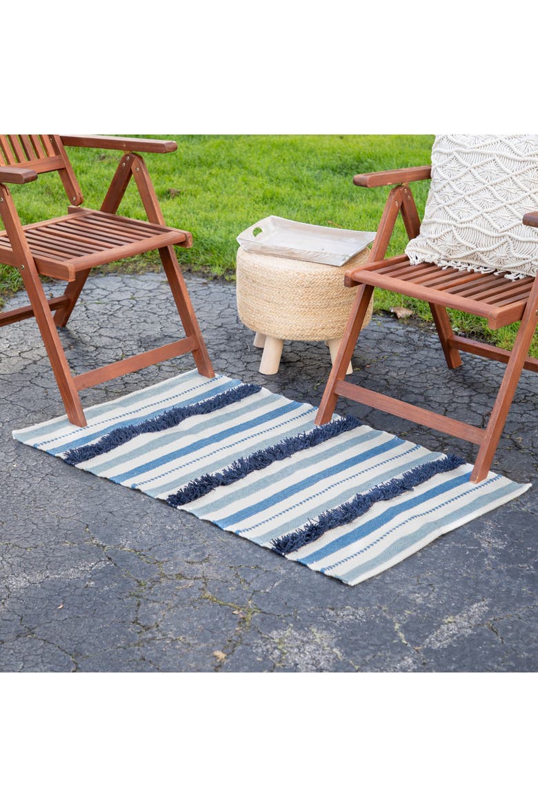 3.5' x 2.25' Blue, Cream and Black Striped Handloom Woven Outdoor Accent Throw Rug, Alternate, color, Blue
