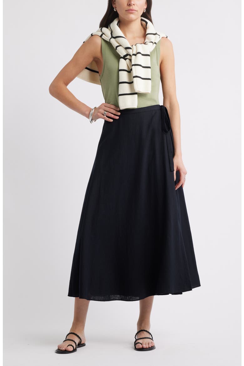 Waist Tie Linen Blend Skirt, Alternate, color, BLACK