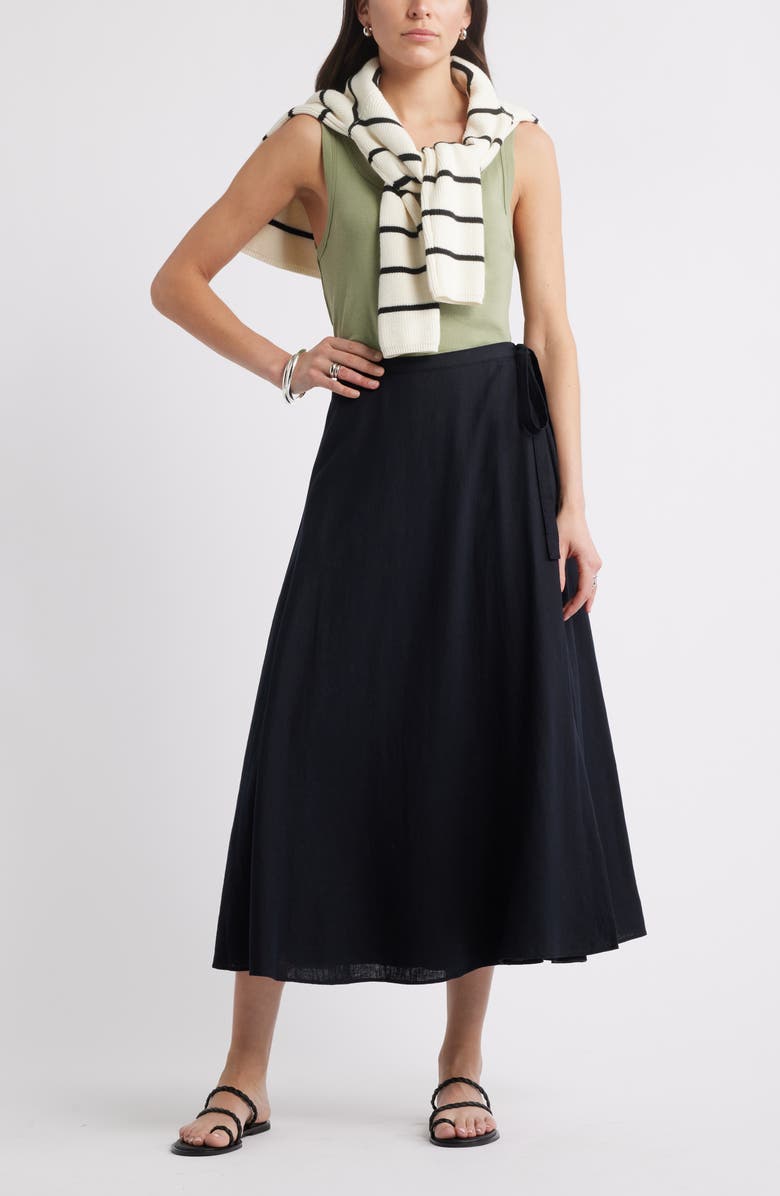 Caslon<sup>®</sup> Waist Tie Linen Blend Skirt, Alternate, color, Black