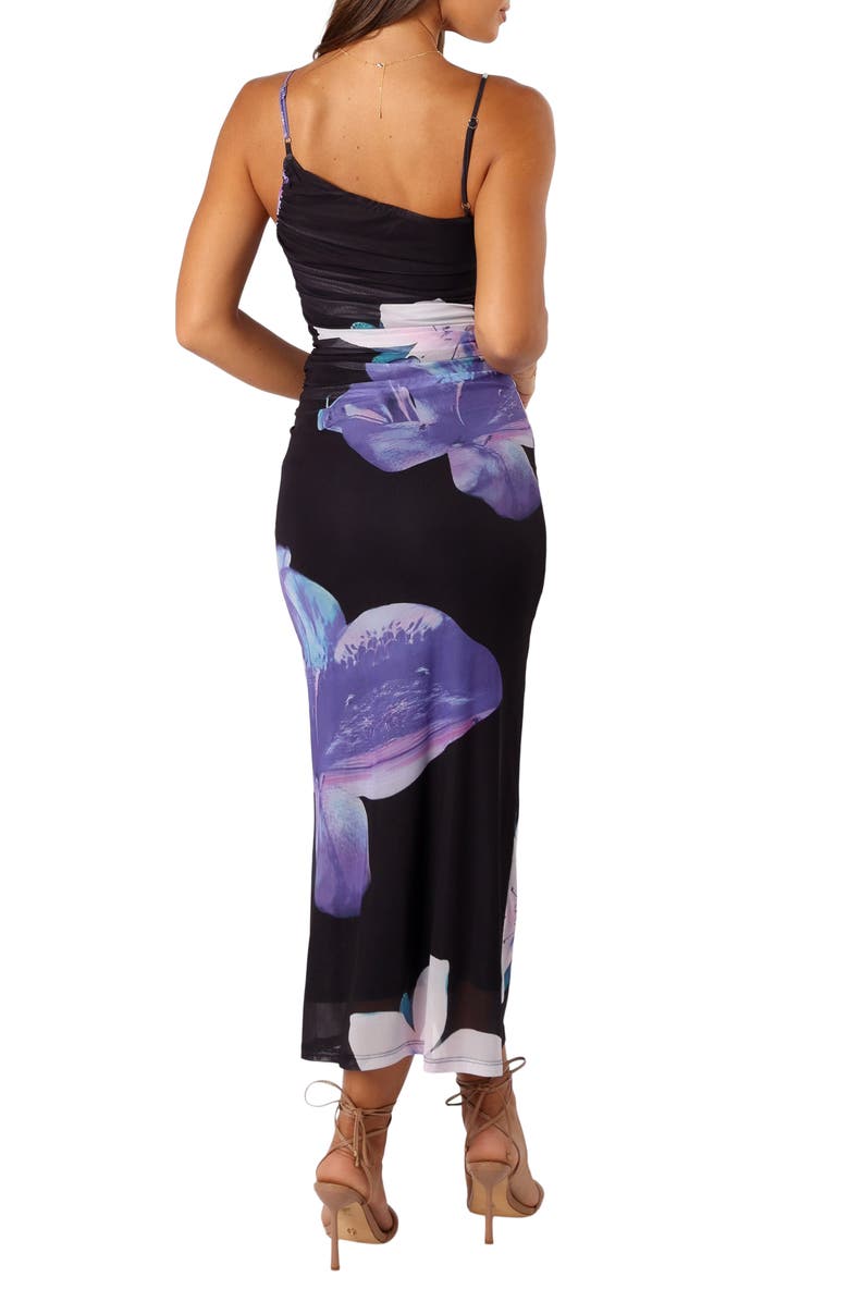 Petal & Pup Jasmine Asymmetric Neck Ruched Maxi Dress, Alternate, color, Black Floral