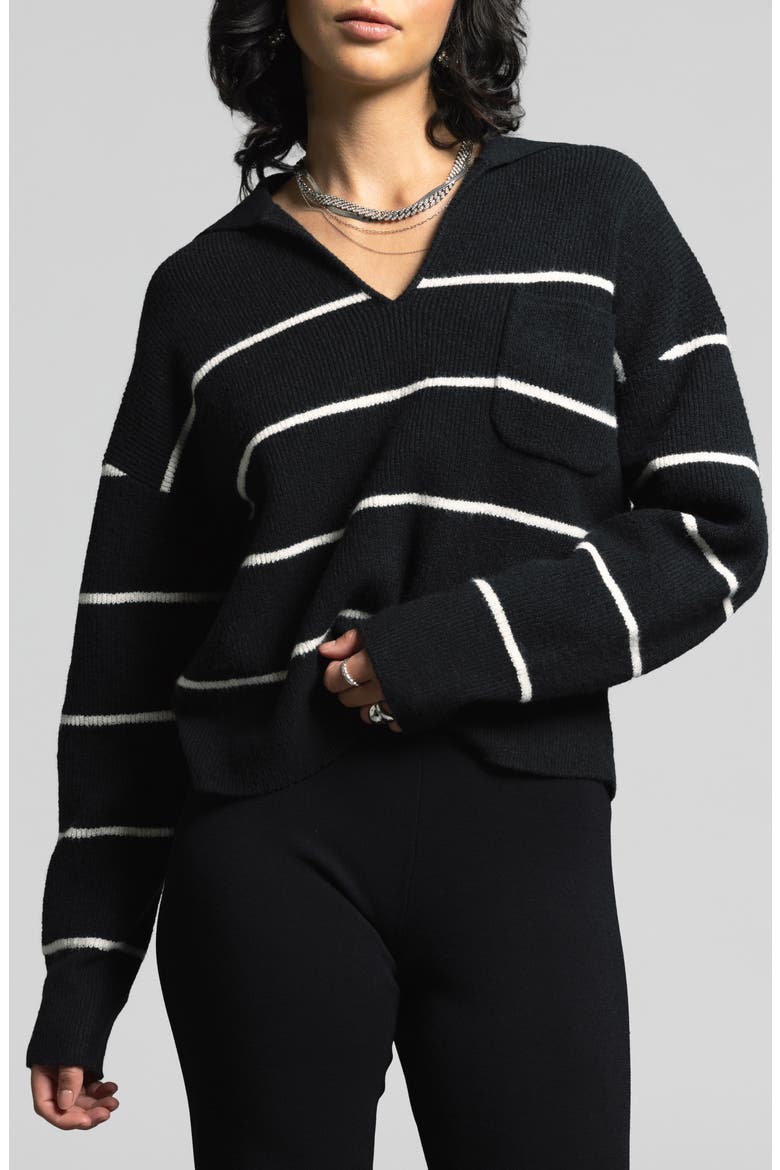 Cressida Stripe Johnny Collar Sweater, Alternate, color, BLACK IVORY STRIPE