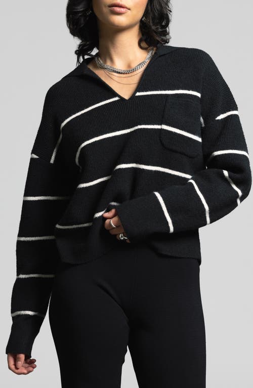 Weekend Los Angeles Cressida Stripe Johnny Collar Sweater In Black Ivory Stripe